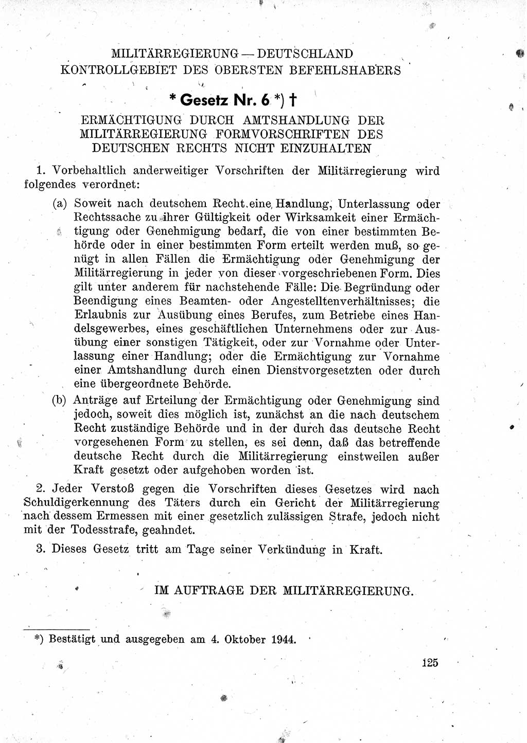 Das Recht der Besatzungsmacht (Deutschland), Proklamationen, Deklerationen, Verordnungen, Gesetze und Bekanntmachungen 1947, Seite 125 (R. Bes. Dtl. 1947, S. 125)