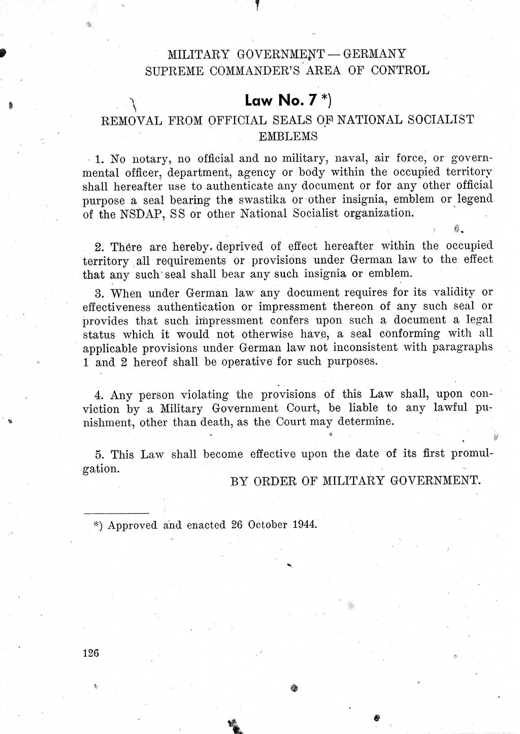 Das Recht der Besatzungsmacht (Deutschland), Proklamationen, Deklerationen, Verordnungen, Gesetze und Bekanntmachungen 1947, Seite 126 (R. Bes. Dtl. 1947, S. 126)