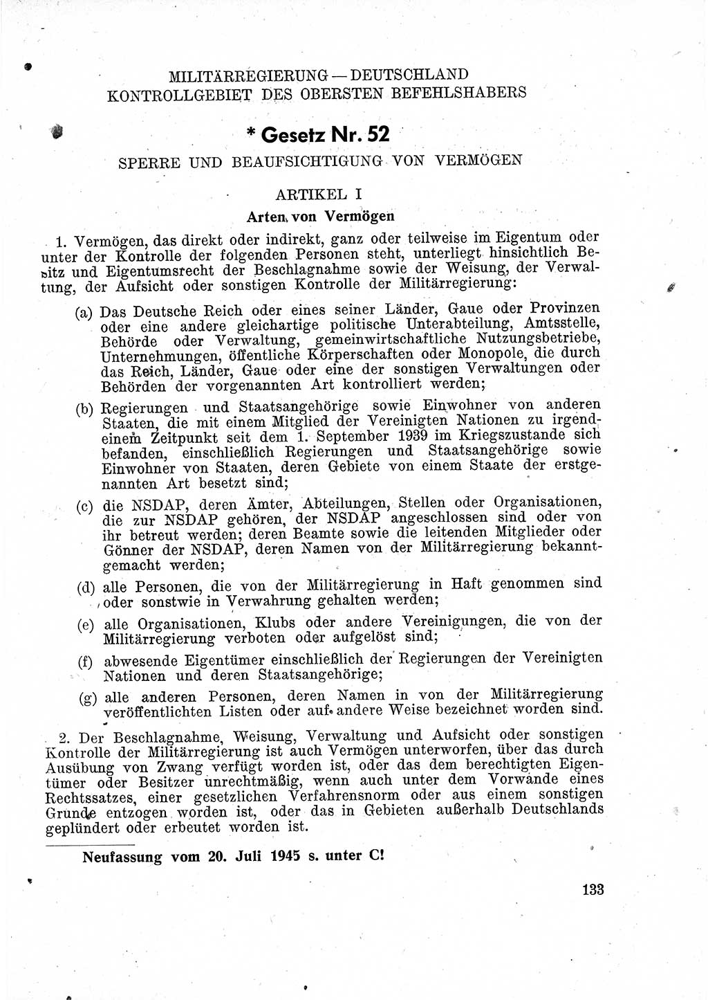 Das Recht der Besatzungsmacht (Deutschland), Proklamationen, Deklerationen, Verordnungen, Gesetze und Bekanntmachungen 1947, Seite 133 (R. Bes. Dtl. 1947, S. 133)