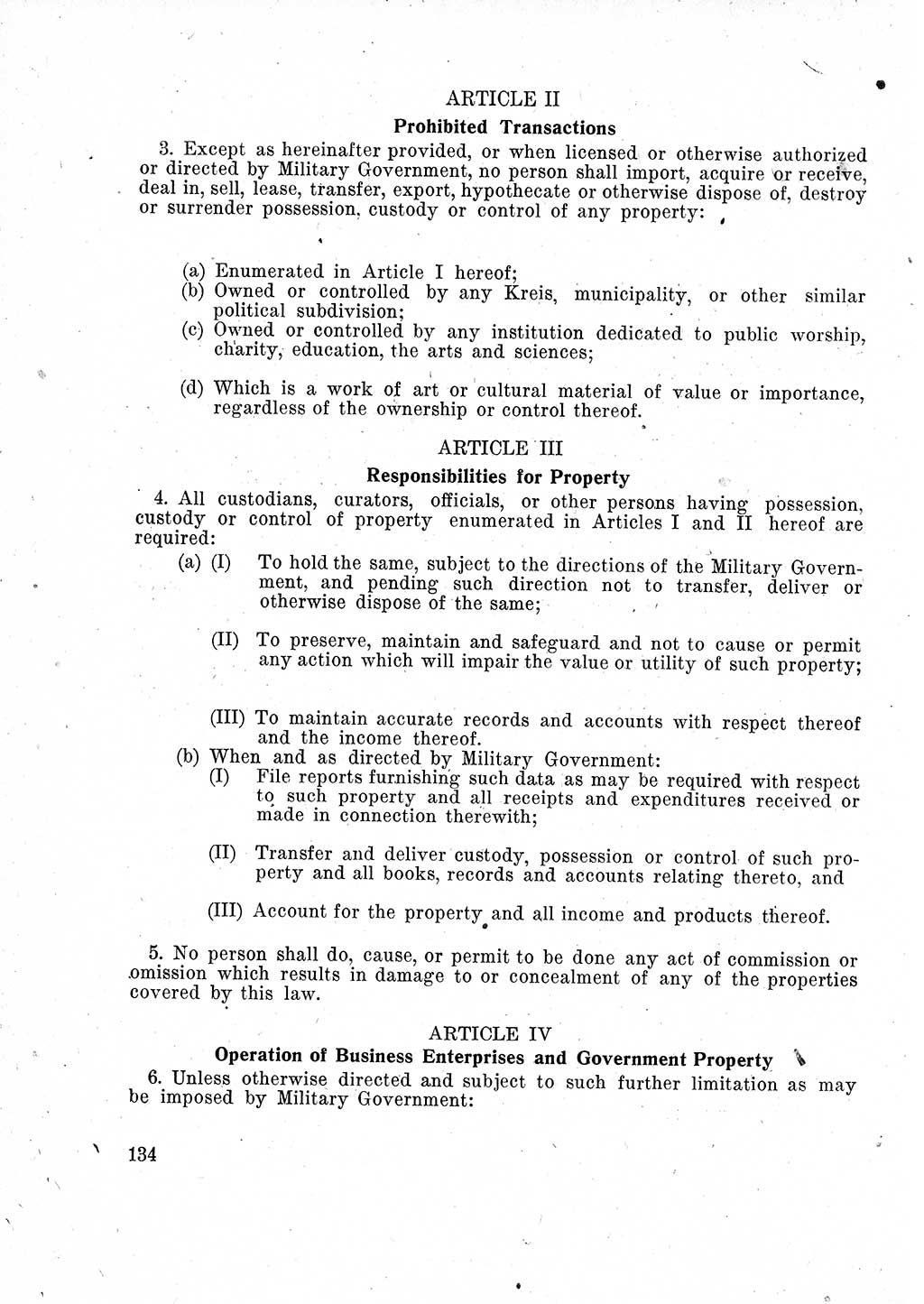Das Recht der Besatzungsmacht (Deutschland), Proklamationen, Deklerationen, Verordnungen, Gesetze und Bekanntmachungen 1947, Seite 134 (R. Bes. Dtl. 1947, S. 134)
