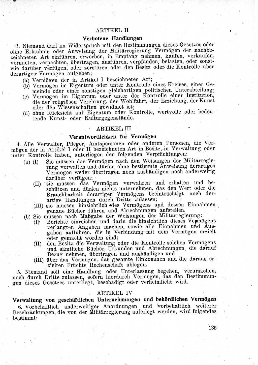 Das Recht der Besatzungsmacht (Deutschland), Proklamationen, Deklerationen, Verordnungen, Gesetze und Bekanntmachungen 1947, Seite 135 (R. Bes. Dtl. 1947, S. 135)