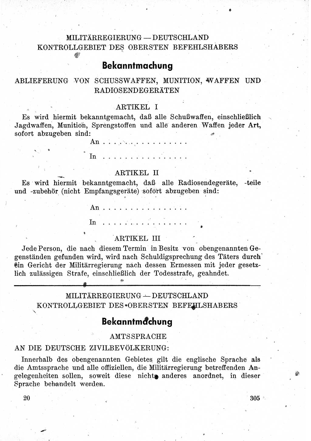 Das Recht der Besatzungsmacht (Deutschland), Proklamationen, Deklerationen, Verordnungen, Gesetze und Bekanntmachungen 1947, Seite 305 (R. Bes. Dtl. 1947, S. 305)