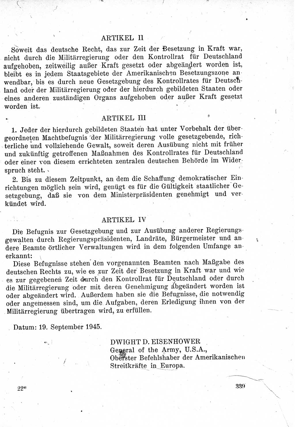 Das Recht der Besatzungsmacht (Deutschland), Proklamationen, Deklerationen, Verordnungen, Gesetze und Bekanntmachungen 1947, Seite 339 (R. Bes. Dtl. 1947, S. 339)