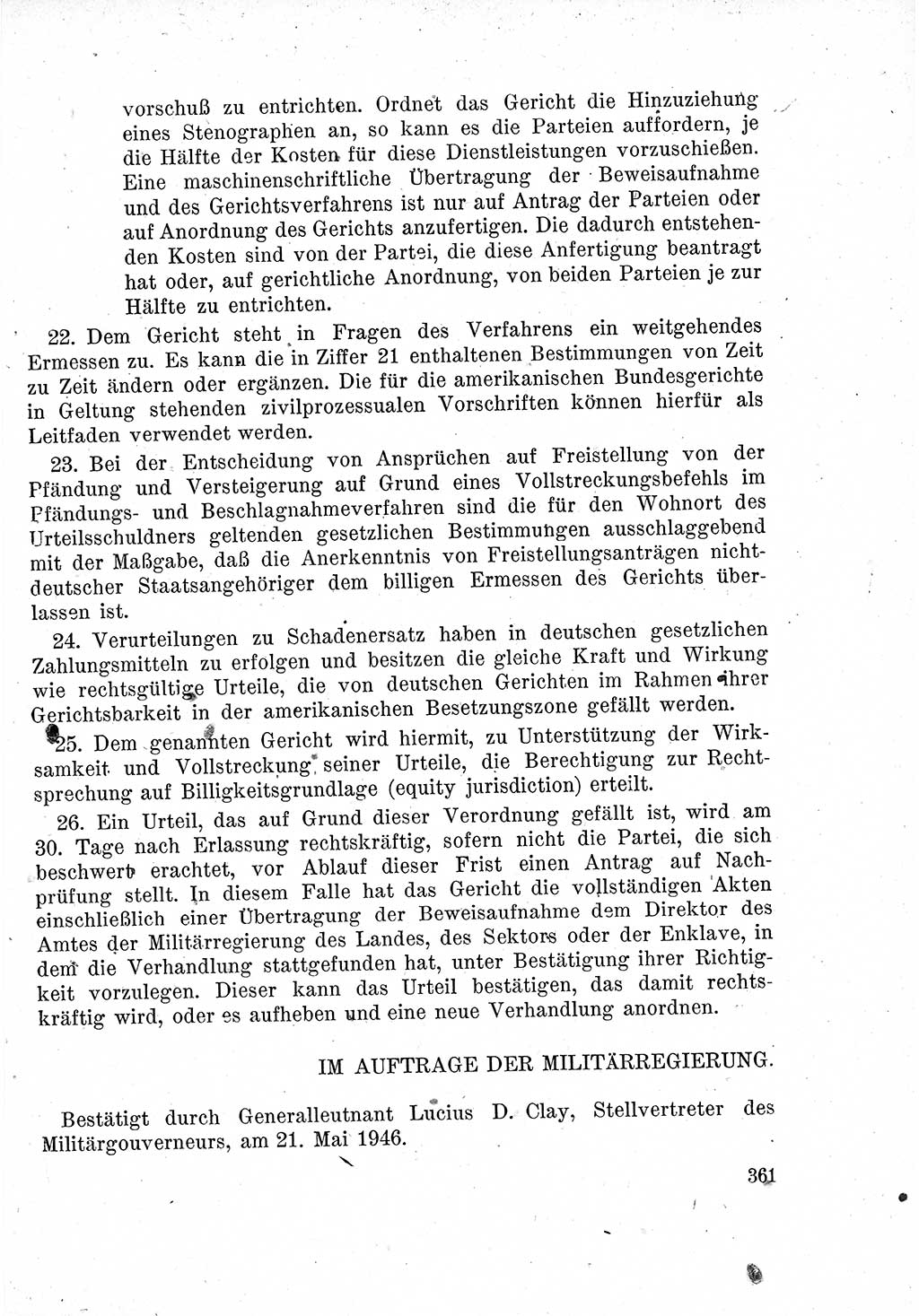 Das Recht der Besatzungsmacht (Deutschland), Proklamationen, Deklerationen, Verordnungen, Gesetze und Bekanntmachungen 1947, Seite 361 (R. Bes. Dtl. 1947, S. 361)