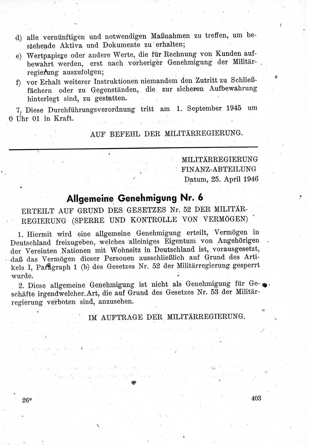 Das Recht der Besatzungsmacht (Deutschland), Proklamationen, Deklerationen, Verordnungen, Gesetze und Bekanntmachungen 1947, Seite 403 (R. Bes. Dtl. 1947, S. 403)