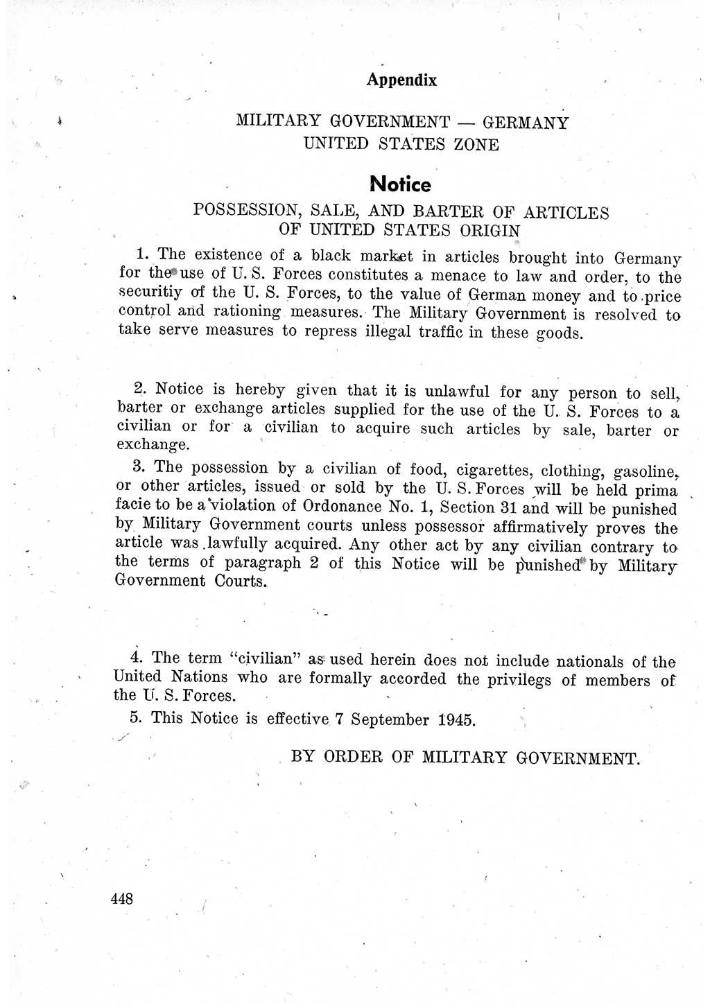 Das Recht der Besatzungsmacht (Deutschland), Proklamationen, Deklerationen, Verordnungen, Gesetze und Bekanntmachungen 1947, Seite 448 (R. Bes. Dtl. 1947, S. 448)