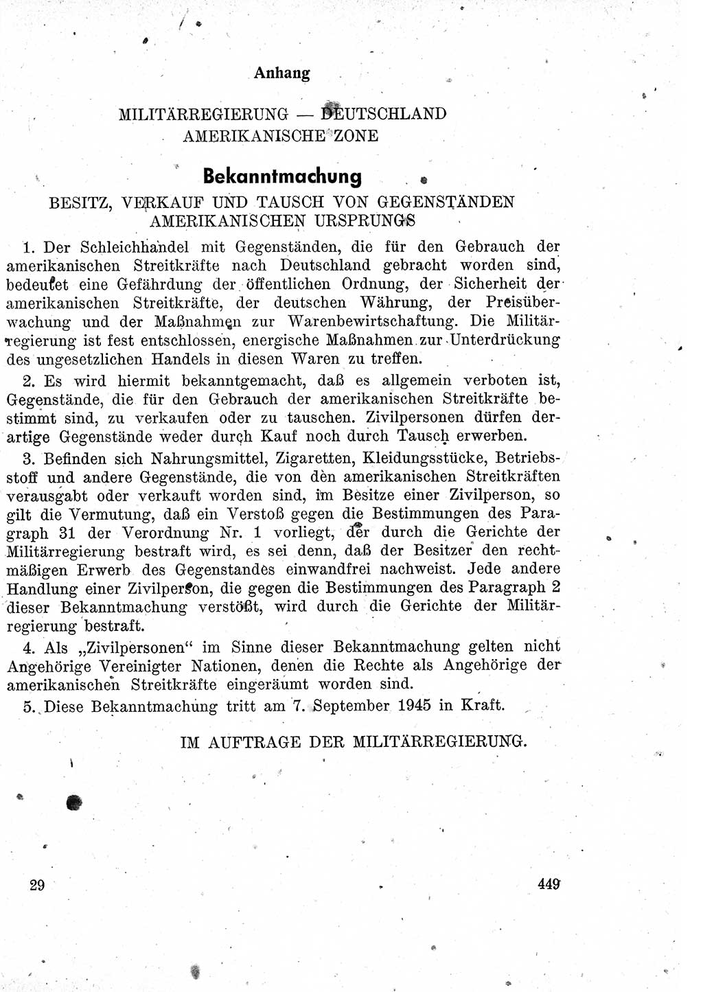 Das Recht der Besatzungsmacht (Deutschland), Proklamationen, Deklerationen, Verordnungen, Gesetze und Bekanntmachungen 1947, Seite 449 (R. Bes. Dtl. 1947, S. 449)