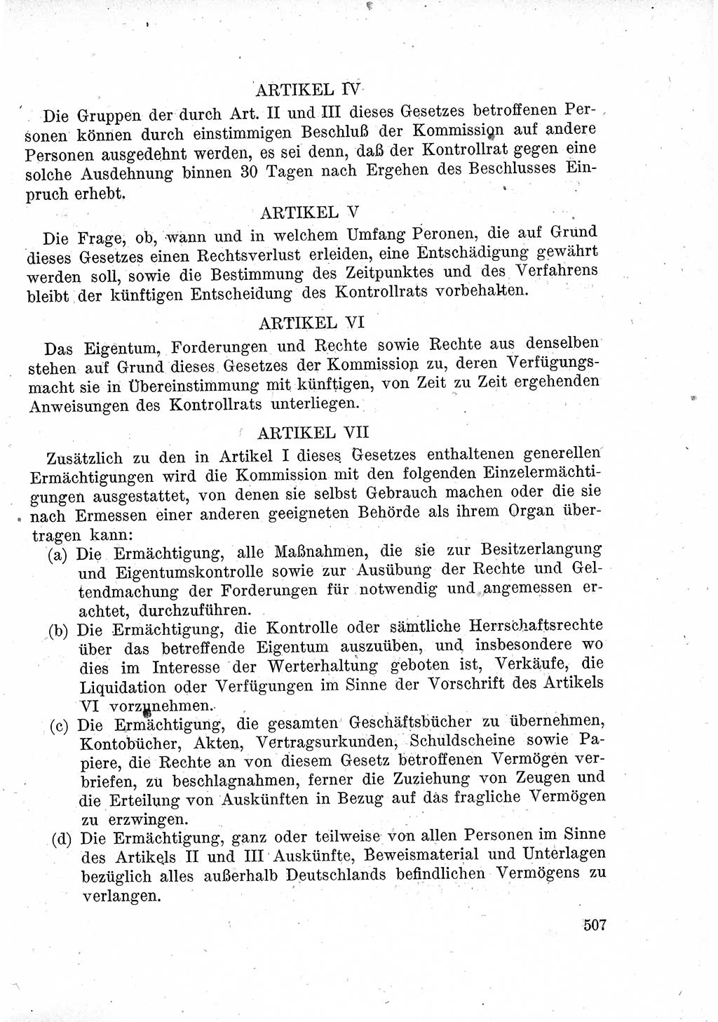 Das Recht der Besatzungsmacht (Deutschland), Proklamationen, Deklerationen, Verordnungen, Gesetze und Bekanntmachungen 1947, Seite 507 (R. Bes. Dtl. 1947, S. 507)