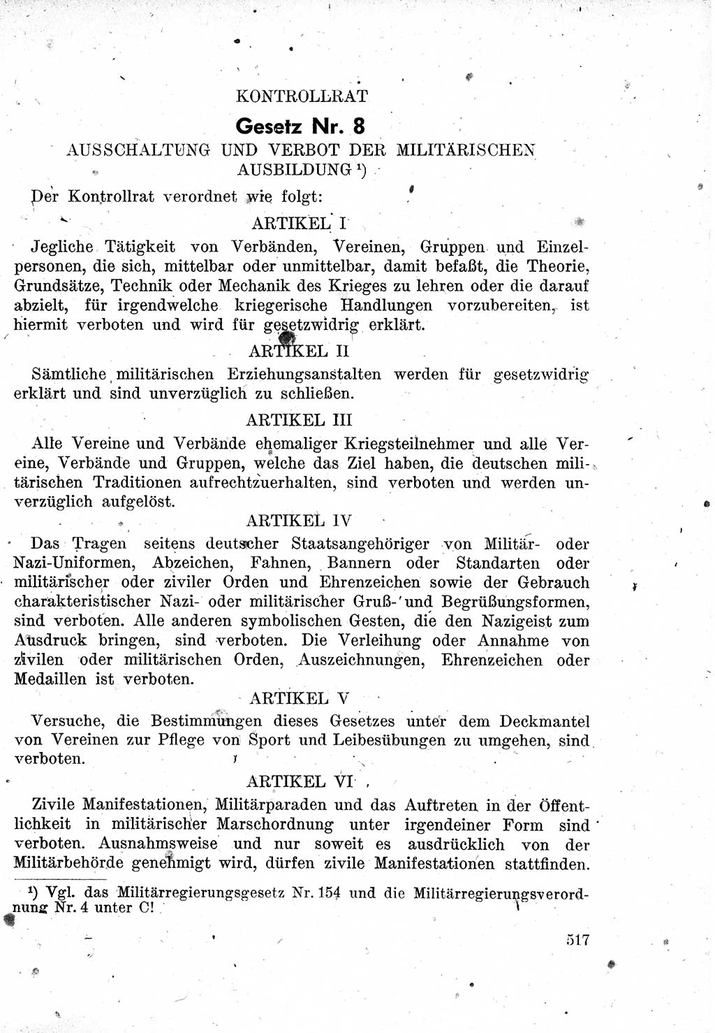 Das Recht der Besatzungsmacht (Deutschland), Proklamationen, Deklerationen, Verordnungen, Gesetze und Bekanntmachungen 1947, Seite 517 (R. Bes. Dtl. 1947, S. 517)