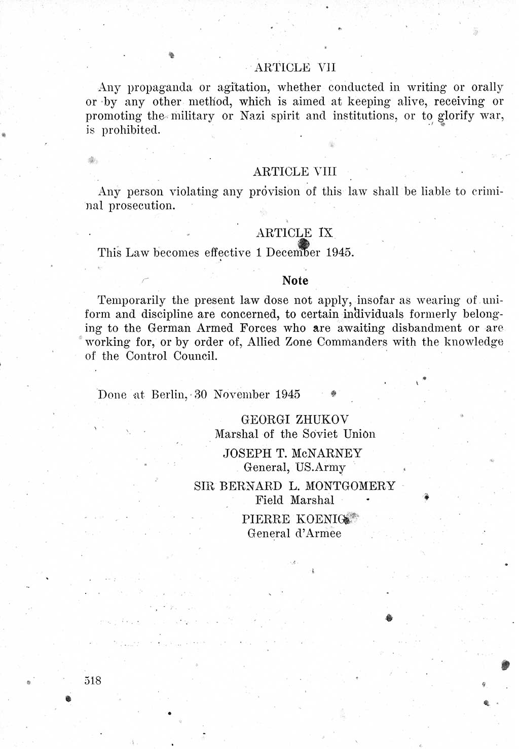 Das Recht der Besatzungsmacht (Deutschland), Proklamationen, Deklerationen, Verordnungen, Gesetze und Bekanntmachungen 1947, Seite 518 (R. Bes. Dtl. 1947, S. 518)