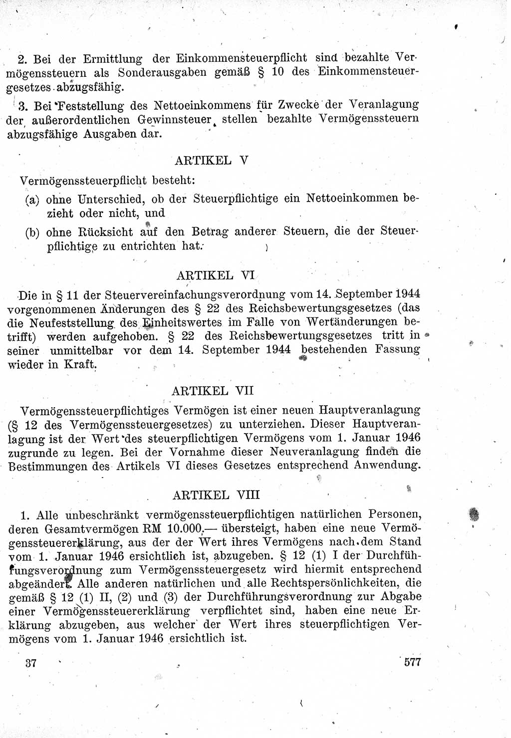 Das Recht der Besatzungsmacht (Deutschland), Proklamationen, Deklerationen, Verordnungen, Gesetze und Bekanntmachungen 1947, Seite 577 (R. Bes. Dtl. 1947, S. 577)