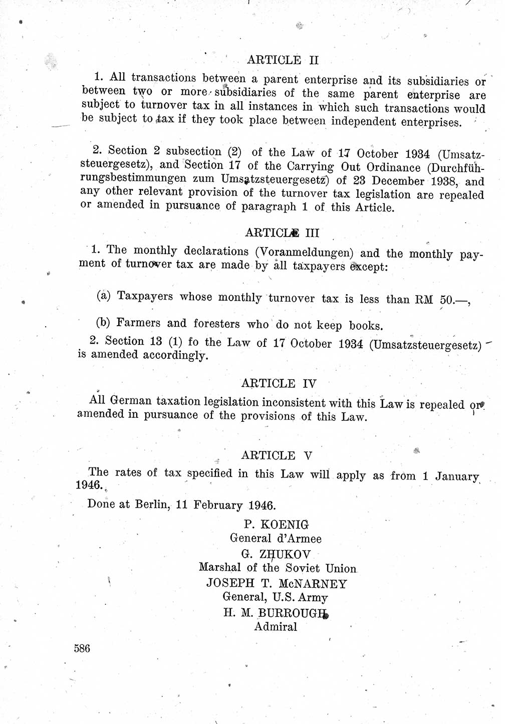 Das Recht der Besatzungsmacht (Deutschland), Proklamationen, Deklerationen, Verordnungen, Gesetze und Bekanntmachungen 1947, Seite 586 (R. Bes. Dtl. 1947, S. 586)