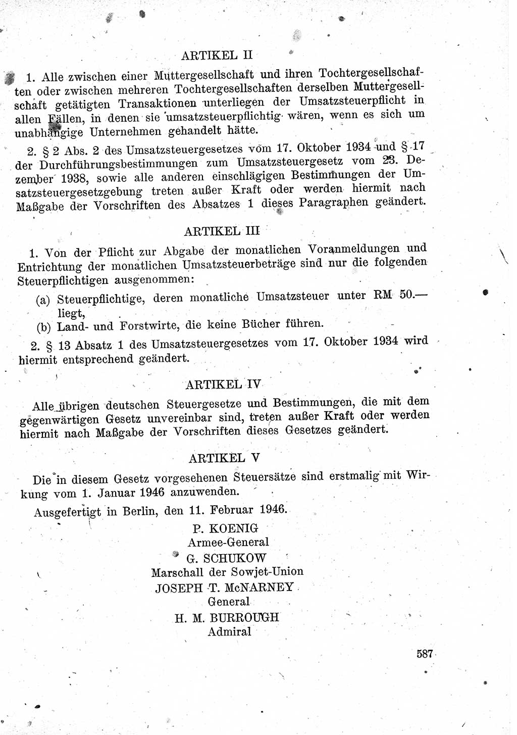 Das Recht der Besatzungsmacht (Deutschland), Proklamationen, Deklerationen, Verordnungen, Gesetze und Bekanntmachungen 1947, Seite 587 (R. Bes. Dtl. 1947, S. 587)