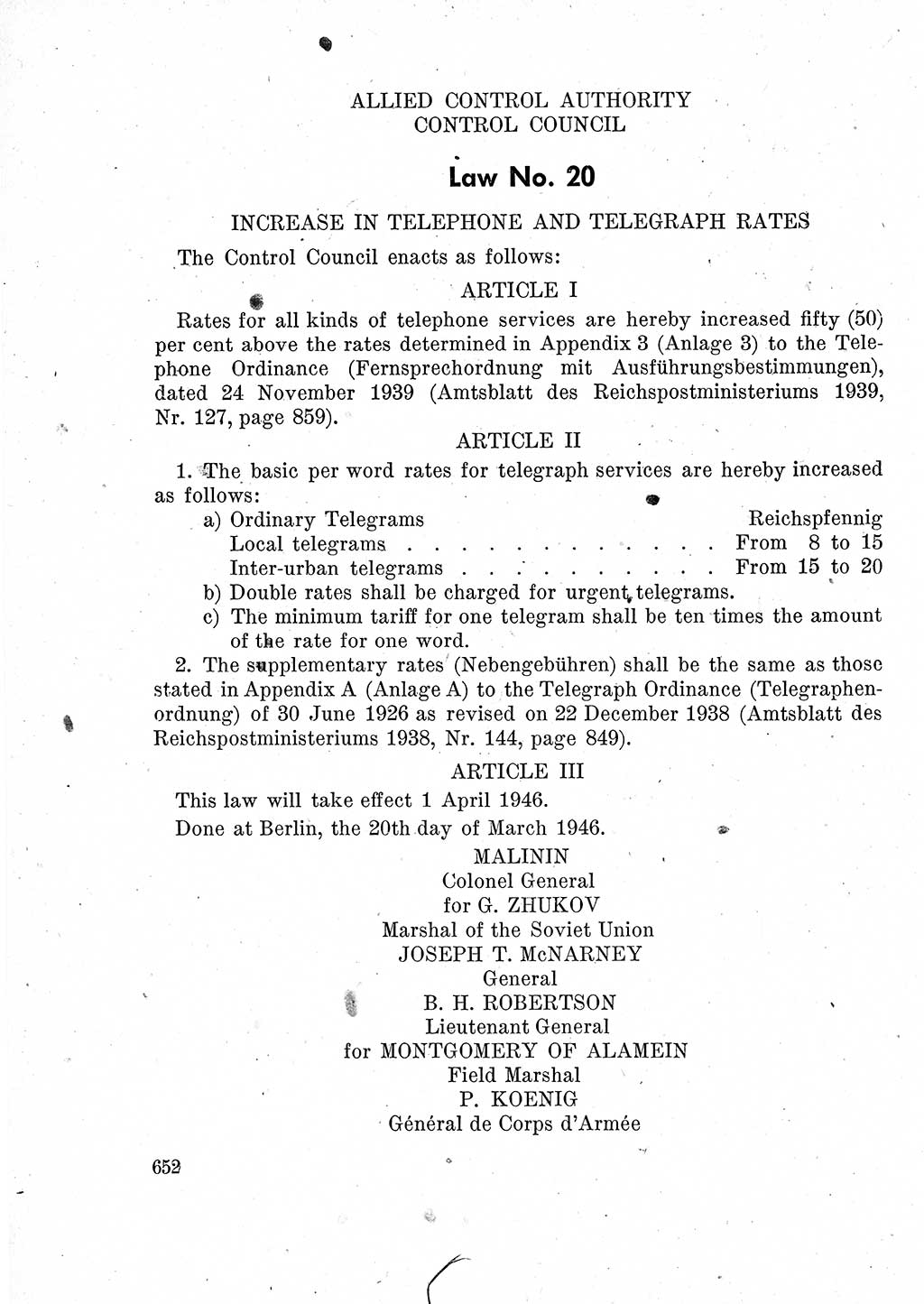 Das Recht der Besatzungsmacht (Deutschland), Proklamationen, Deklerationen, Verordnungen, Gesetze und Bekanntmachungen 1947, Seite 652 (R. Bes. Dtl. 1947, S. 652)