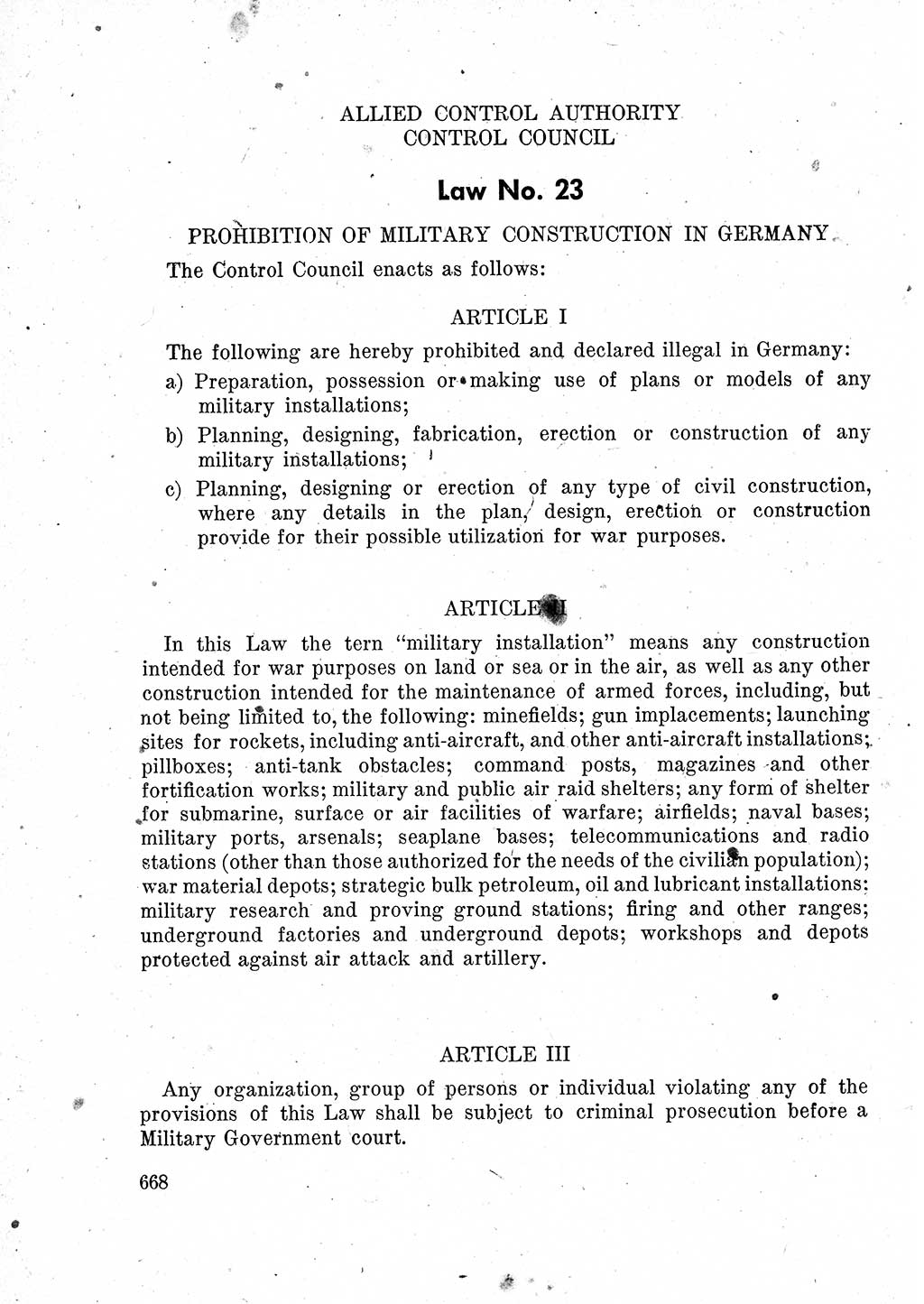 Das Recht der Besatzungsmacht (Deutschland), Proklamationen, Deklerationen, Verordnungen, Gesetze und Bekanntmachungen 1947, Seite 668 (R. Bes. Dtl. 1947, S. 668)