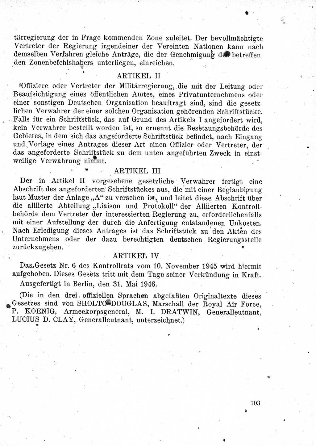 Das Recht der Besatzungsmacht (Deutschland), Proklamationen, Deklerationen, Verordnungen, Gesetze und Bekanntmachungen 1947, Seite 703 (R. Bes. Dtl. 1947, S. 703)