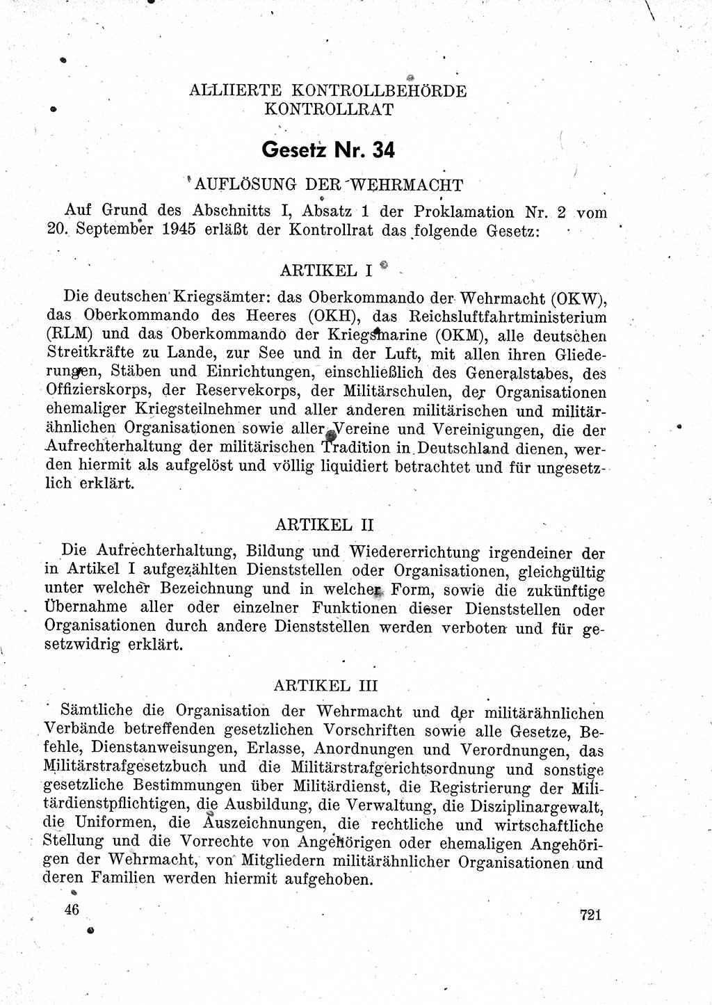 Das Recht der Besatzungsmacht (Deutschland), Proklamationen, Deklerationen, Verordnungen, Gesetze und Bekanntmachungen 1947, Seite 721 (R. Bes. Dtl. 1947, S. 721)