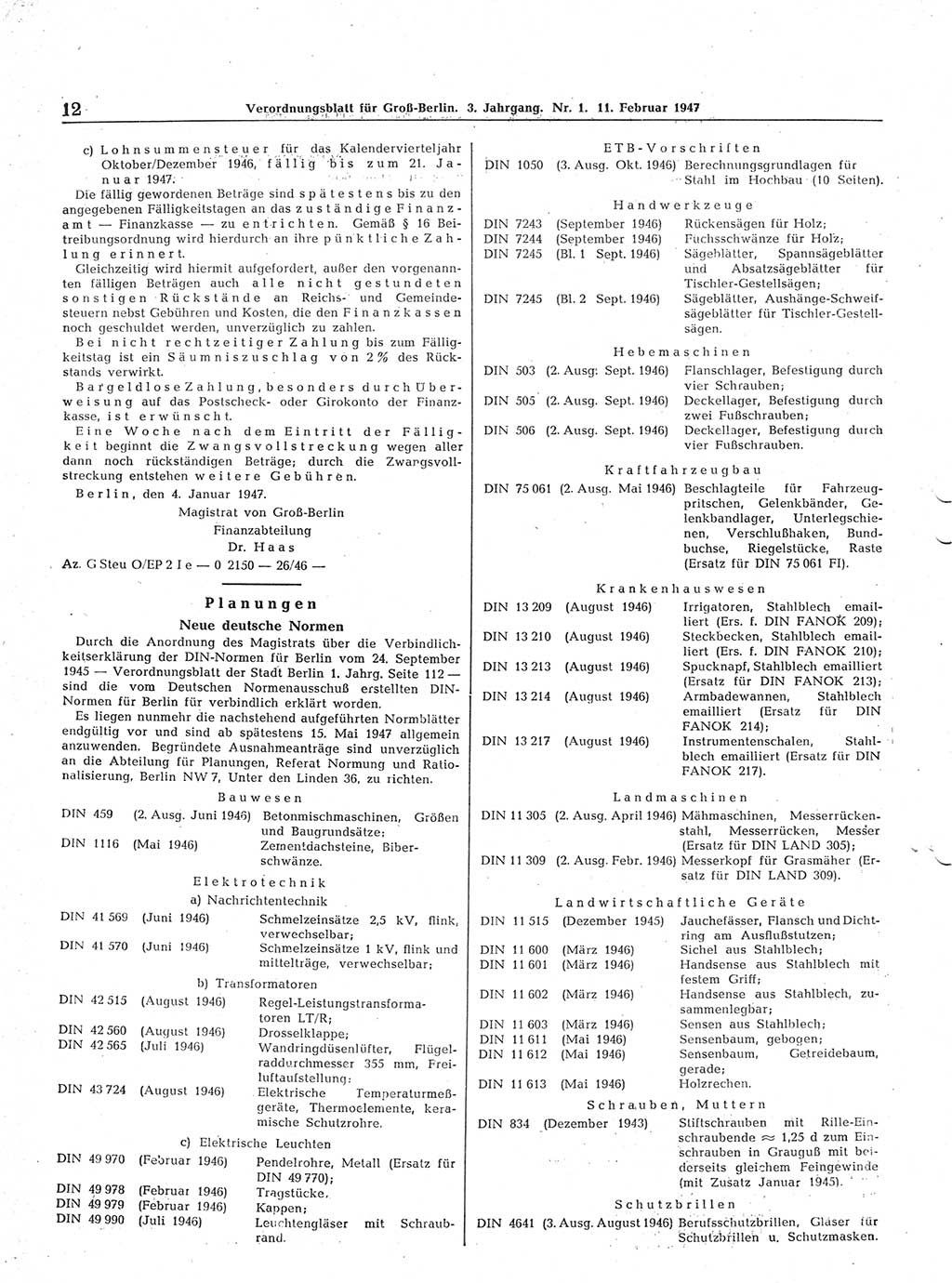 Verordnungsblatt (VOBl.) für Groß-Berlin 1947, Seite 12 (VOBl. Bln. 1947, S. 12)