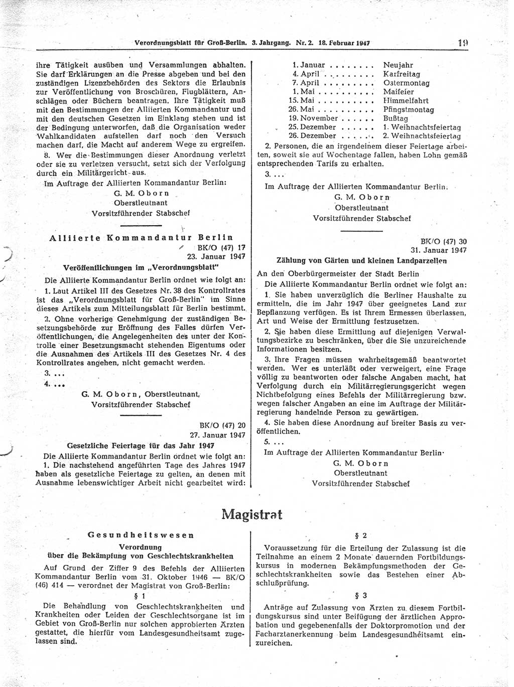 Verordnungsblatt (VOBl.) für Groß-Berlin 1947, Seite 19 (VOBl. Bln. 1947, S. 19)