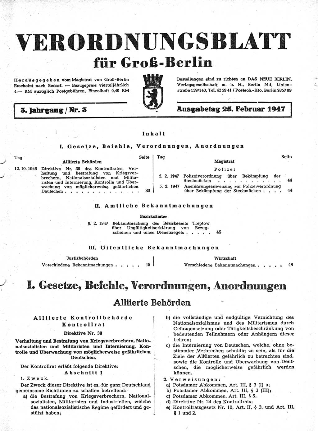 Verordnungsblatt (VOBl.) für Groß-Berlin 1947, Seite 33 (VOBl. Bln. 1947, S. 33)
