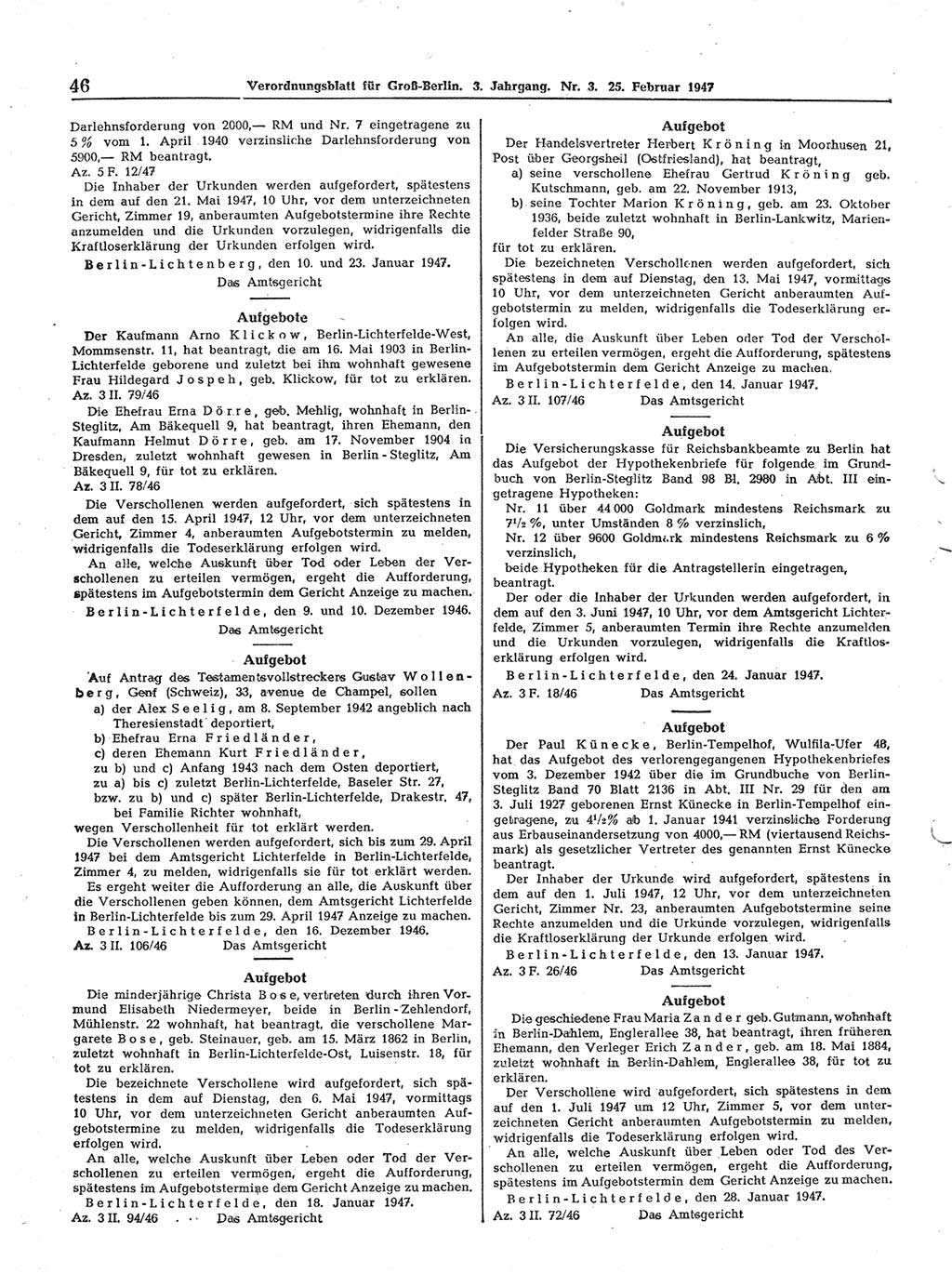 Verordnungsblatt (VOBl.) für Groß-Berlin 1947, Seite 46 (VOBl. Bln. 1947, S. 46)