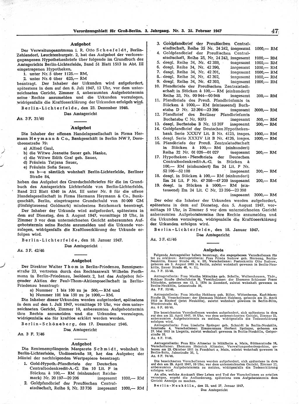 Verordnungsblatt (VOBl.) für Groß-Berlin 1947, Seite 47 (VOBl. Bln. 1947, S. 47)