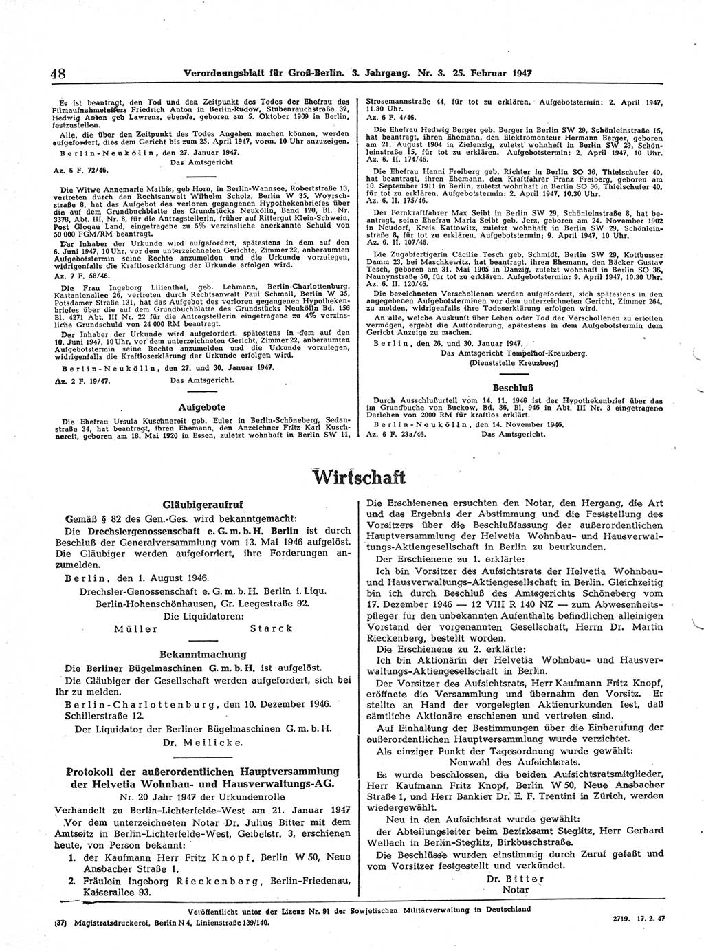 Verordnungsblatt (VOBl.) für Groß-Berlin 1947, Seite 48 (VOBl. Bln. 1947, S. 48)