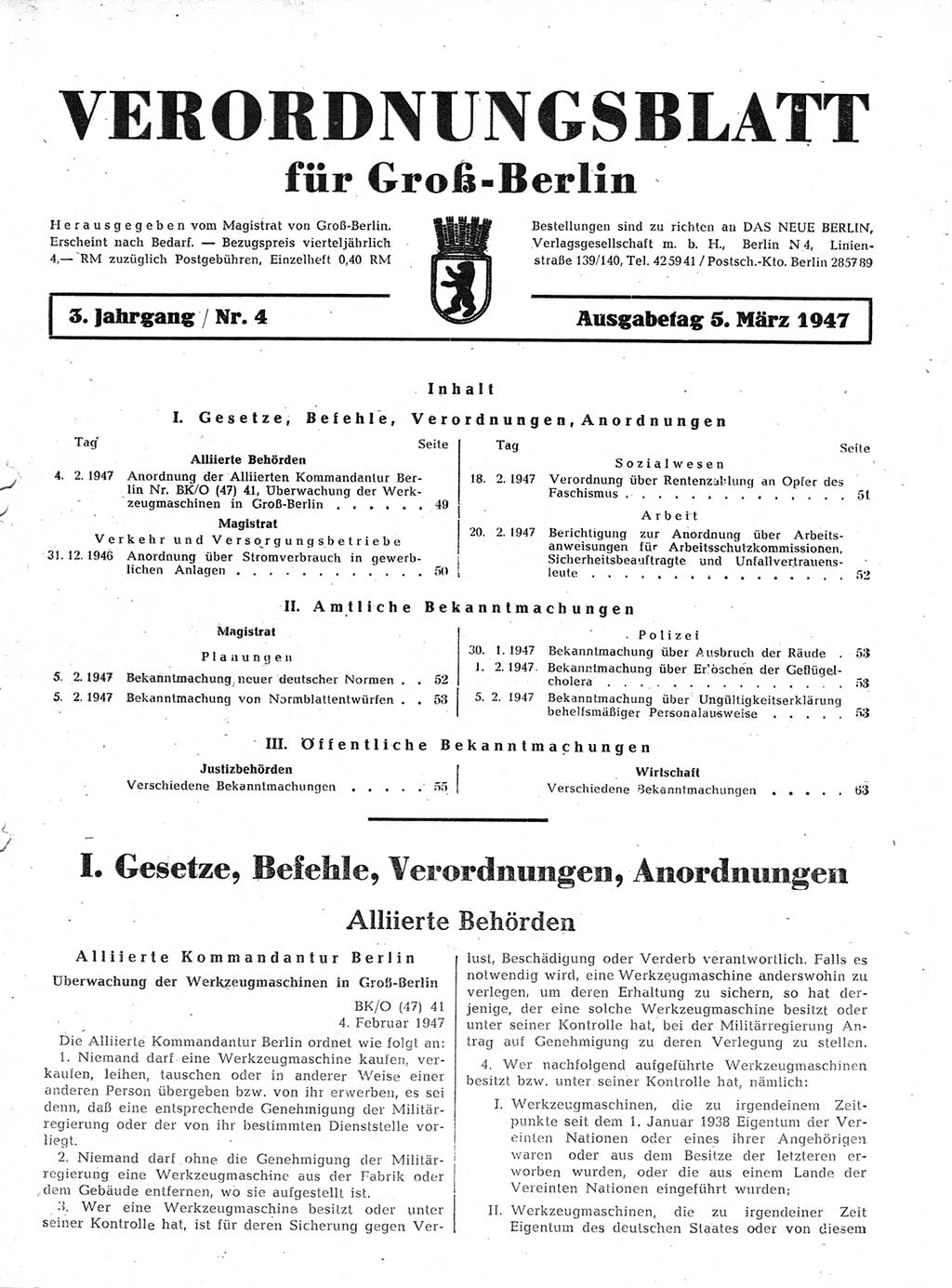 Verordnungsblatt (VOBl.) für Groß-Berlin 1947, Seite 49 (VOBl. Bln. 1947, S. 49)