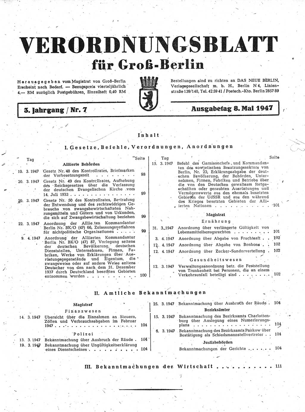 Verordnungsblatt (VOBl.) für Groß-Berlin 1947, Seite 97 (VOBl. Bln. 1947, S. 97)