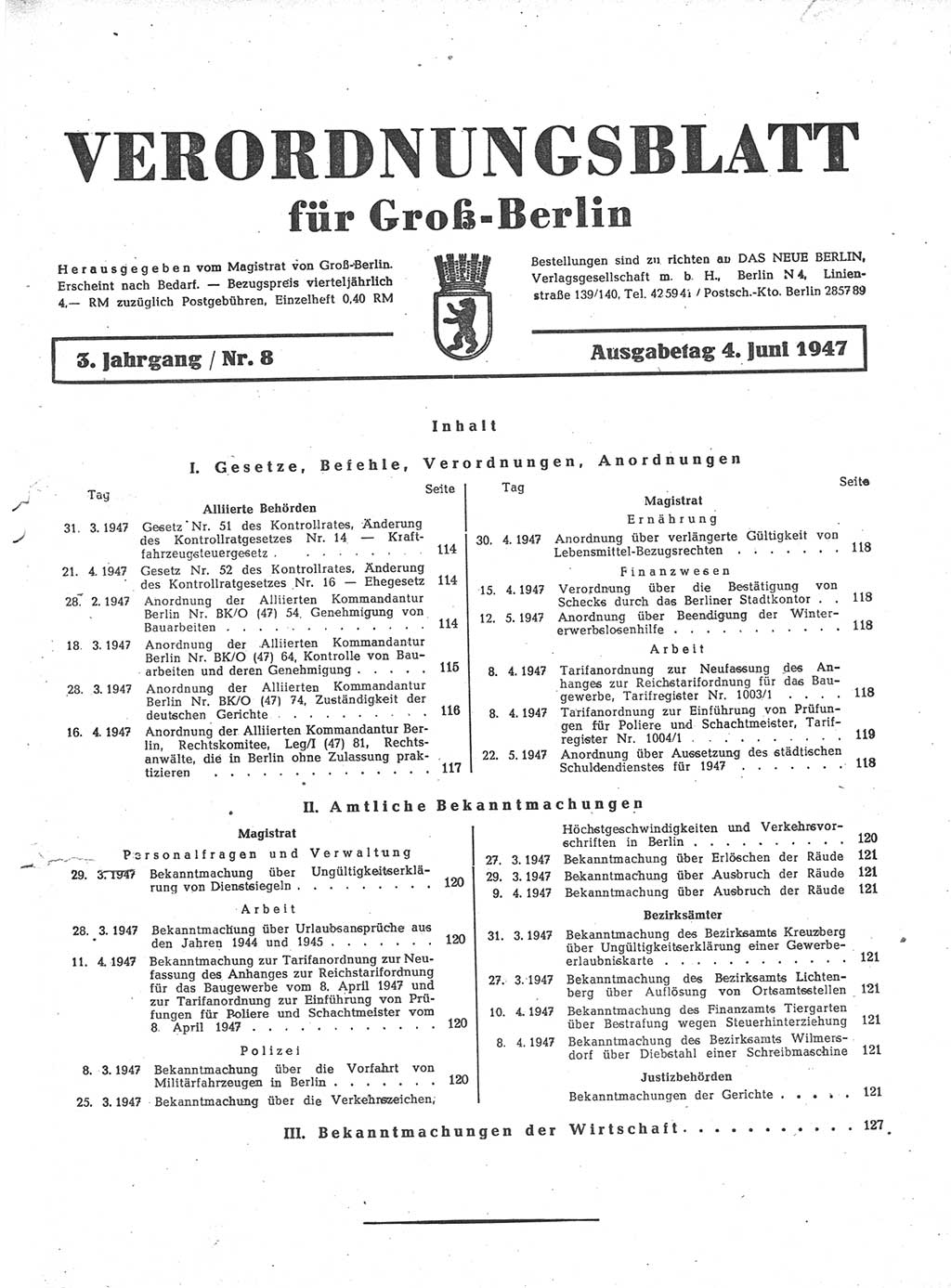 Verordnungsblatt (VOBl.) für Groß-Berlin 1947, Seite 113 (VOBl. Bln. 1947, S. 113)