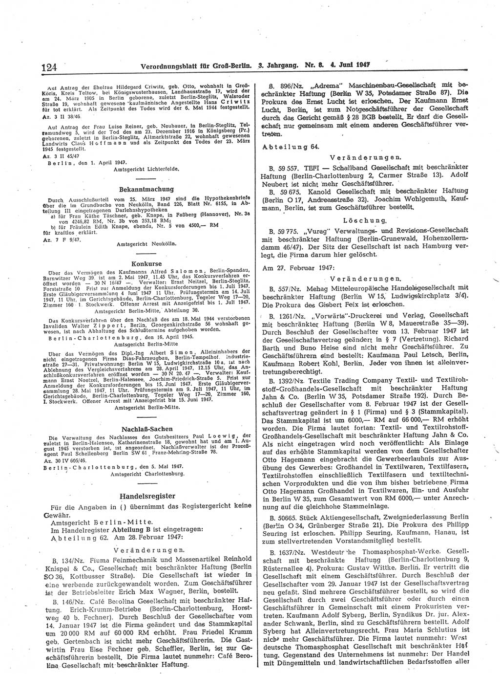 Verordnungsblatt (VOBl.) für Groß-Berlin 1947, Seite 124 (VOBl. Bln. 1947, S. 124)