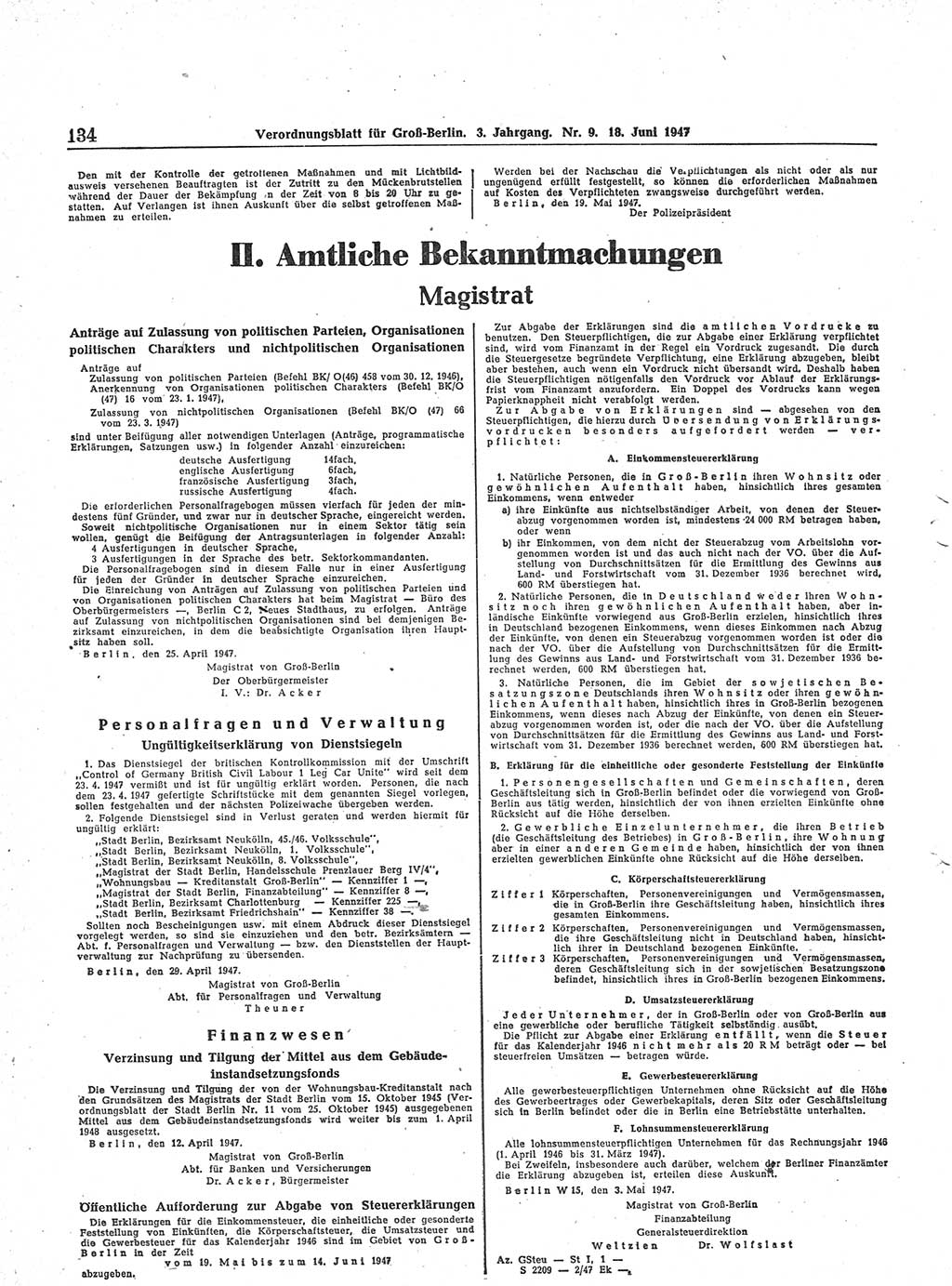 Verordnungsblatt (VOBl.) für Groß-Berlin 1947, Seite 134 (VOBl. Bln. 1947, S. 134)