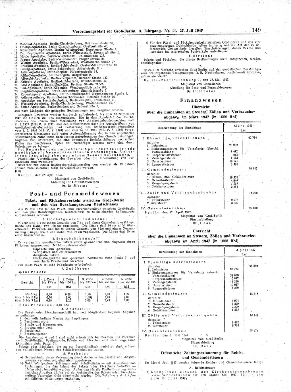 Verordnungsblatt (VOBl.) für Groß-Berlin 1947, Seite 149 (VOBl. Bln. 1947, S. 149)