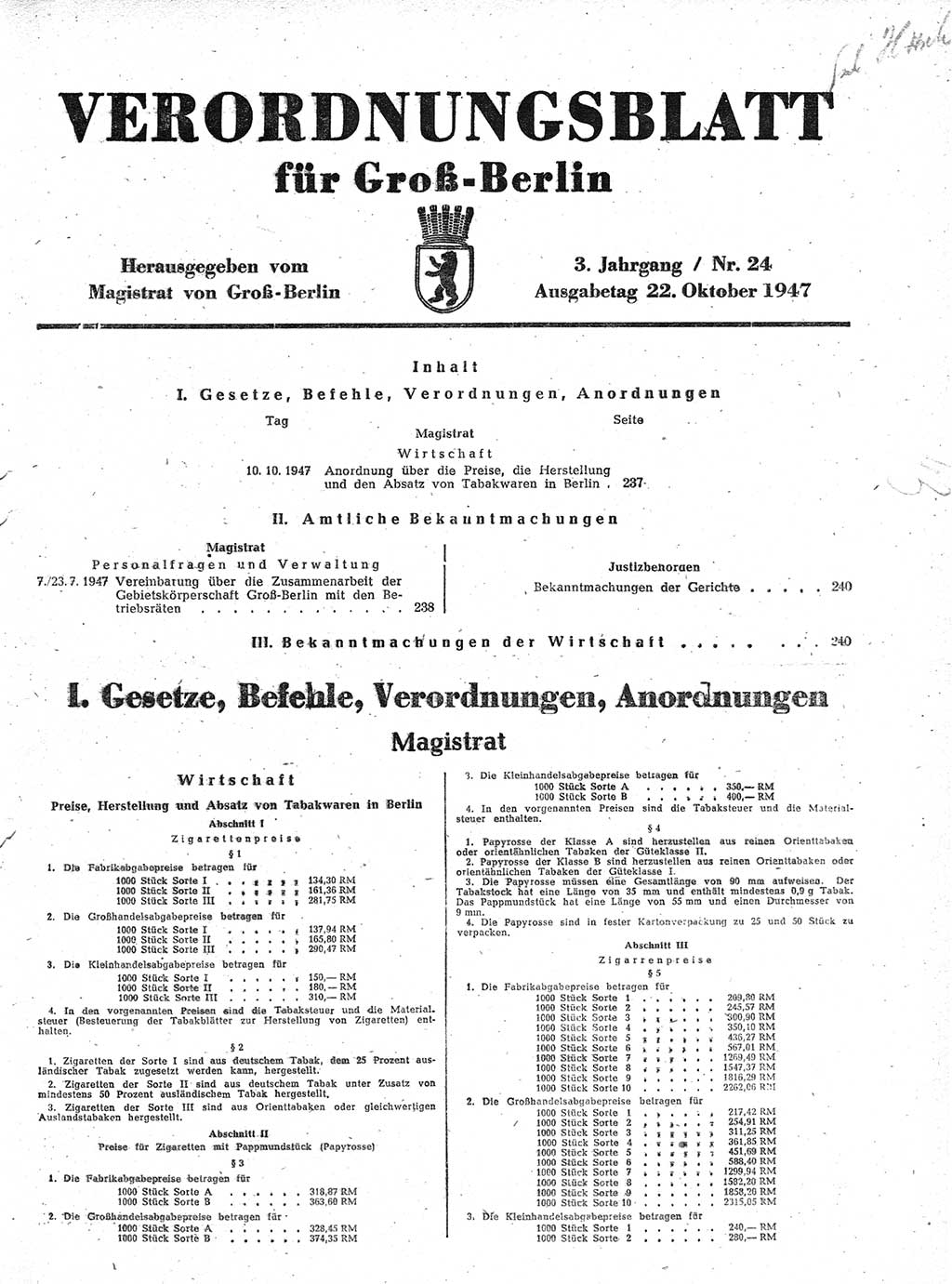 Verordnungsblatt (VOBl.) für Groß-Berlin 1947, Seite 237 (VOBl. Bln. 1947, S. 237)