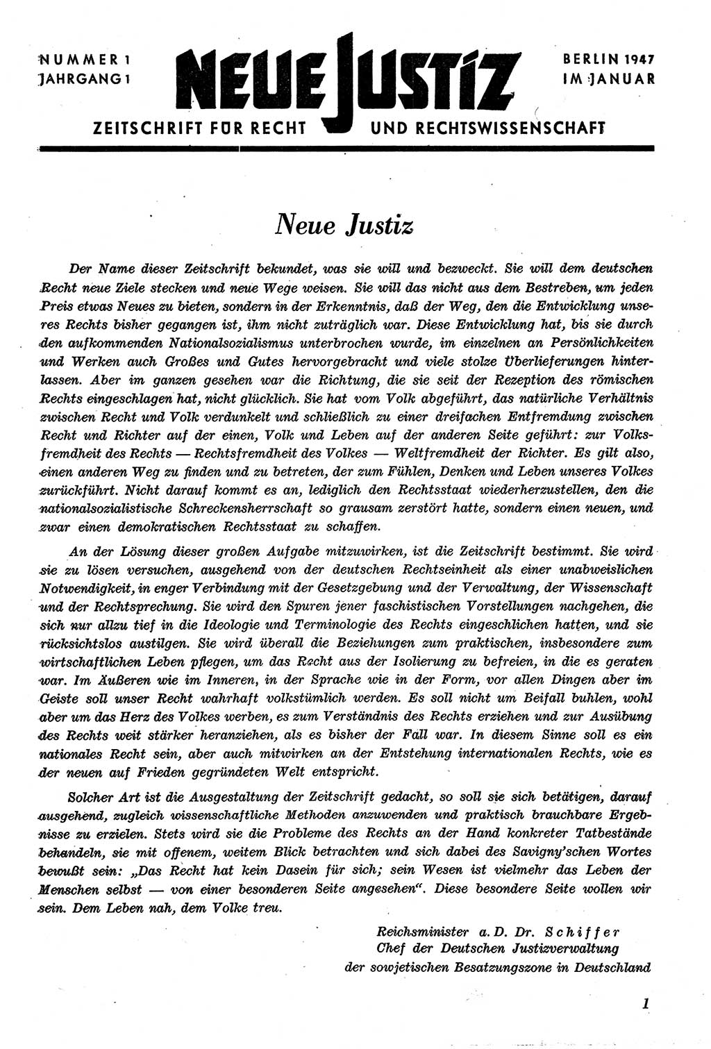 Neue Justiz (NJ), Zeitschrift für Recht und Rechtswissenschaft [Sowjetische Besatzungszone (SBZ) Deutschland], 1. Jahrgang 1947, Seite 1 (NJ SBZ Dtl. 1947, S. 1)