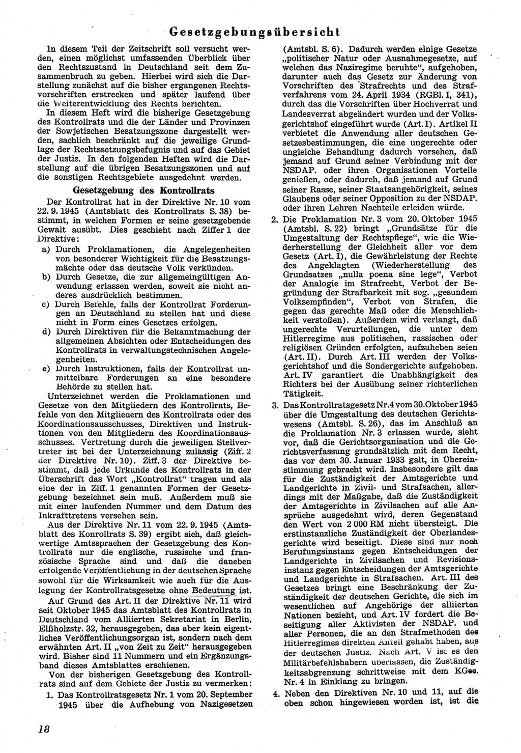 Neue Justiz (NJ), Zeitschrift für Recht und Rechtswissenschaft [Sowjetische Besatzungszone (SBZ) Deutschland], 1. Jahrgang 1947, Seite 18 (NJ SBZ Dtl. 1947, S. 18)