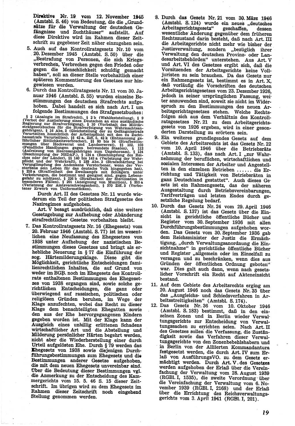 Neue Justiz (NJ), Zeitschrift für Recht und Rechtswissenschaft [Sowjetische Besatzungszone (SBZ) Deutschland], 1. Jahrgang 1947, Seite 19 (NJ SBZ Dtl. 1947, S. 19)
