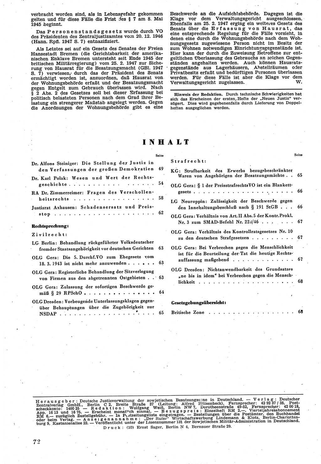 Neue Justiz (NJ), Zeitschrift für Recht und Rechtswissenschaft [Sowjetische Besatzungszone (SBZ) Deutschland], 1. Jahrgang 1947, Seite 72 (NJ SBZ Dtl. 1947, S. 72)