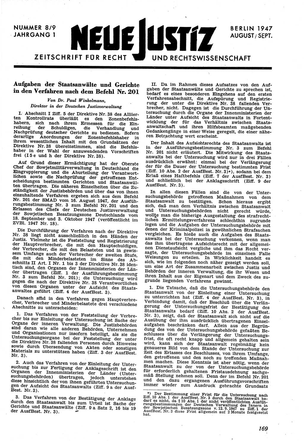 Neue Justiz (NJ), Zeitschrift für Recht und Rechtswissenschaft [Sowjetische Besatzungszone (SBZ) Deutschland], 1. Jahrgang 1947, Seite 169 (NJ SBZ Dtl. 1947, S. 169)
