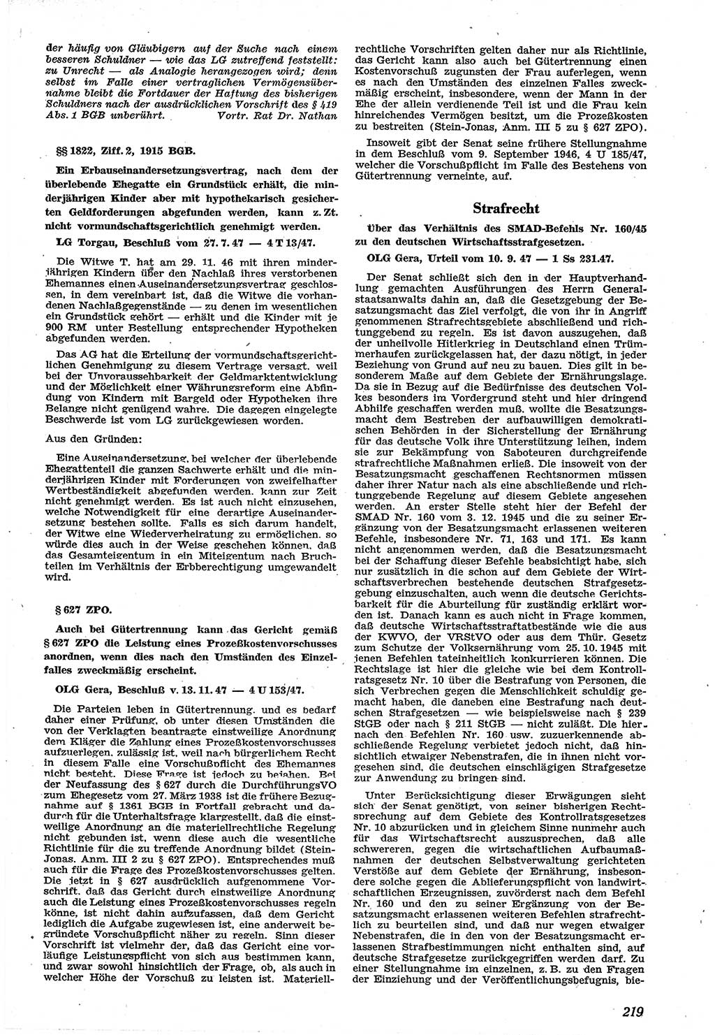 Neue Justiz (NJ), Zeitschrift für Recht und Rechtswissenschaft [Sowjetische Besatzungszone (SBZ) Deutschland], 1. Jahrgang 1947, Seite 219 (NJ SBZ Dtl. 1947, S. 219)