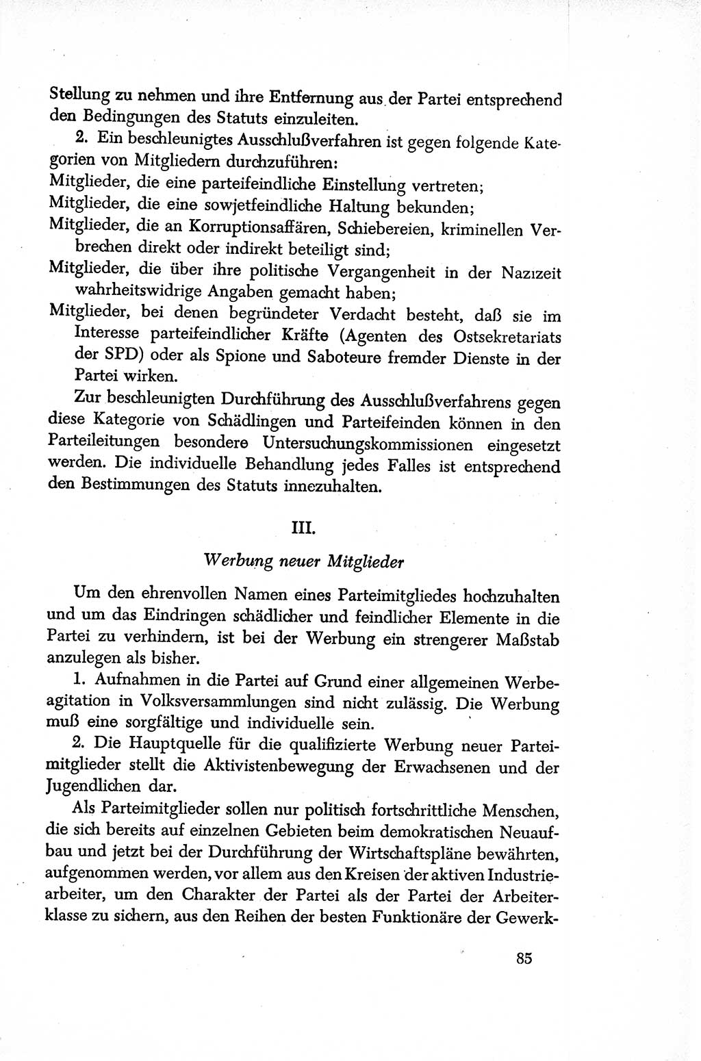 Dokumente der Sozialistischen Einheitspartei Deutschlands (SED) [Sowjetische Besatzungszone (SBZ) Deutschlands/Deutsche Demokratische Republik (DDR)] 1948-1950, Seite 85 (Dok. SED SBZ Dtl. DDR 1948-1950, S. 85)