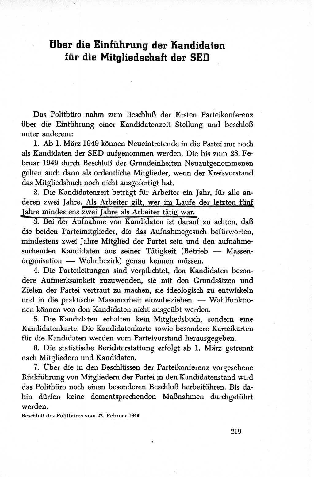 Dokumente der Sozialistischen Einheitspartei Deutschlands (SED) [Sowjetische Besatzungszone (SBZ) Deutschlands/Deutsche Demokratische Republik (DDR)] 1948-1950, Seite 219 (Dok. SED SBZ Dtl. DDR 1948-1950, S. 219)