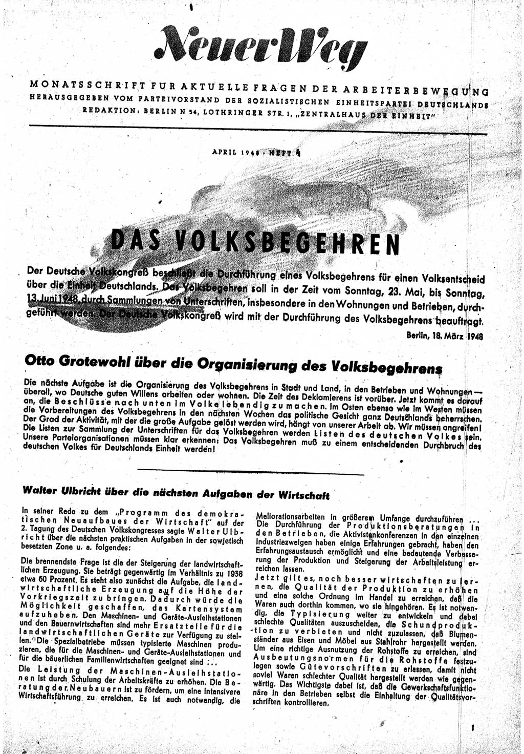 Neuer Weg (NW), Monatsschrift für aktuelle Fragen der Arbeiterbewegung [Parteivorstand (PV) Sozialistische Einheitspartei Deutschlands (SED)] 3. Jahrgang [Sowjetische Besatzungszone (SBZ) Deutschlands] 1948, Heft 4/1 (NW PV SED SBZ Dtl. 1948, H. 4/1)