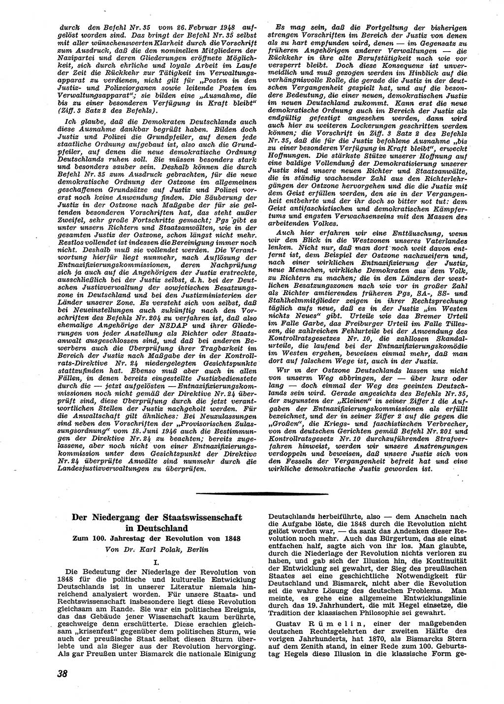 Neue Justiz (NJ), Zeitschrift für Recht und Rechtswissenschaft [Sowjetische Besatzungszone (SBZ) Deutschland], 2. Jahrgang 1948, Seite 38 (NJ SBZ Dtl. 1948, S. 38)