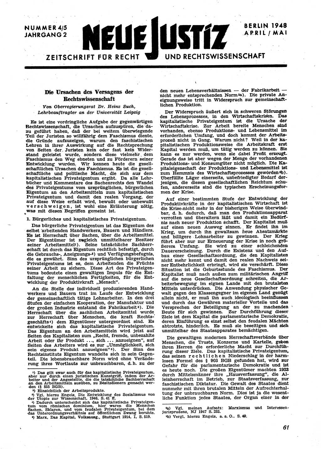 Neue Justiz (NJ), Zeitschrift für Recht und Rechtswissenschaft [Sowjetische Besatzungszone (SBZ) Deutschland], 2. Jahrgang 1948, Seite 61 (NJ SBZ Dtl. 1948, S. 61)