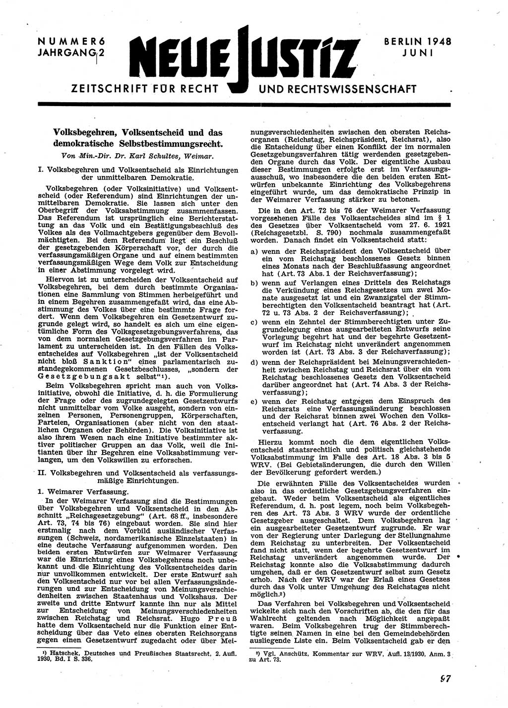 Neue Justiz (NJ), Zeitschrift für Recht und Rechtswissenschaft [Sowjetische Besatzungszone (SBZ) Deutschland], 2. Jahrgang 1948, Seite 97 (NJ SBZ Dtl. 1948, S. 97)