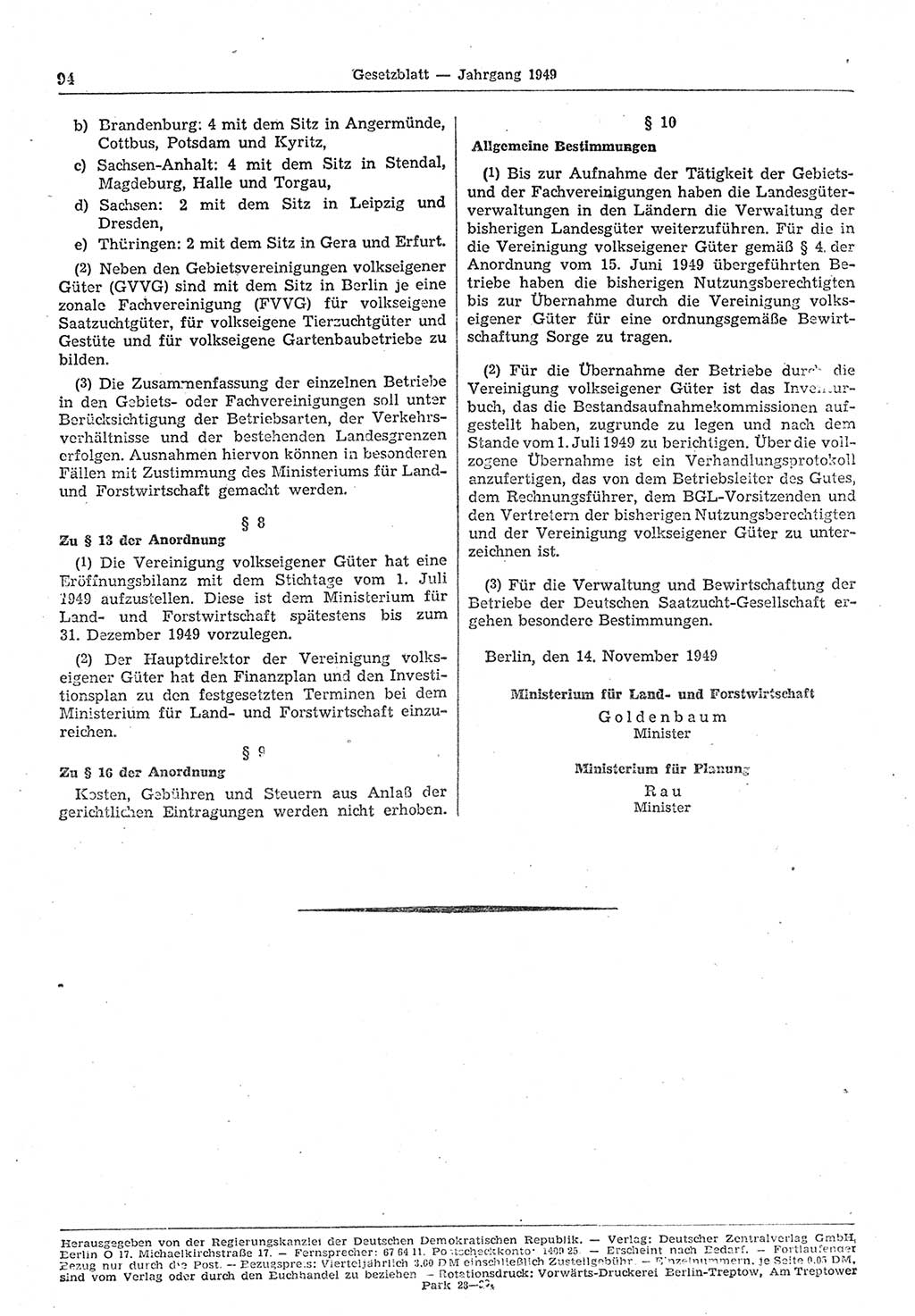 Gesetzblatt (GBl.) der Deutschen Demokratischen Republik (DDR) 1949, Seite 94 (GBl. DDR 1949, S. 94)