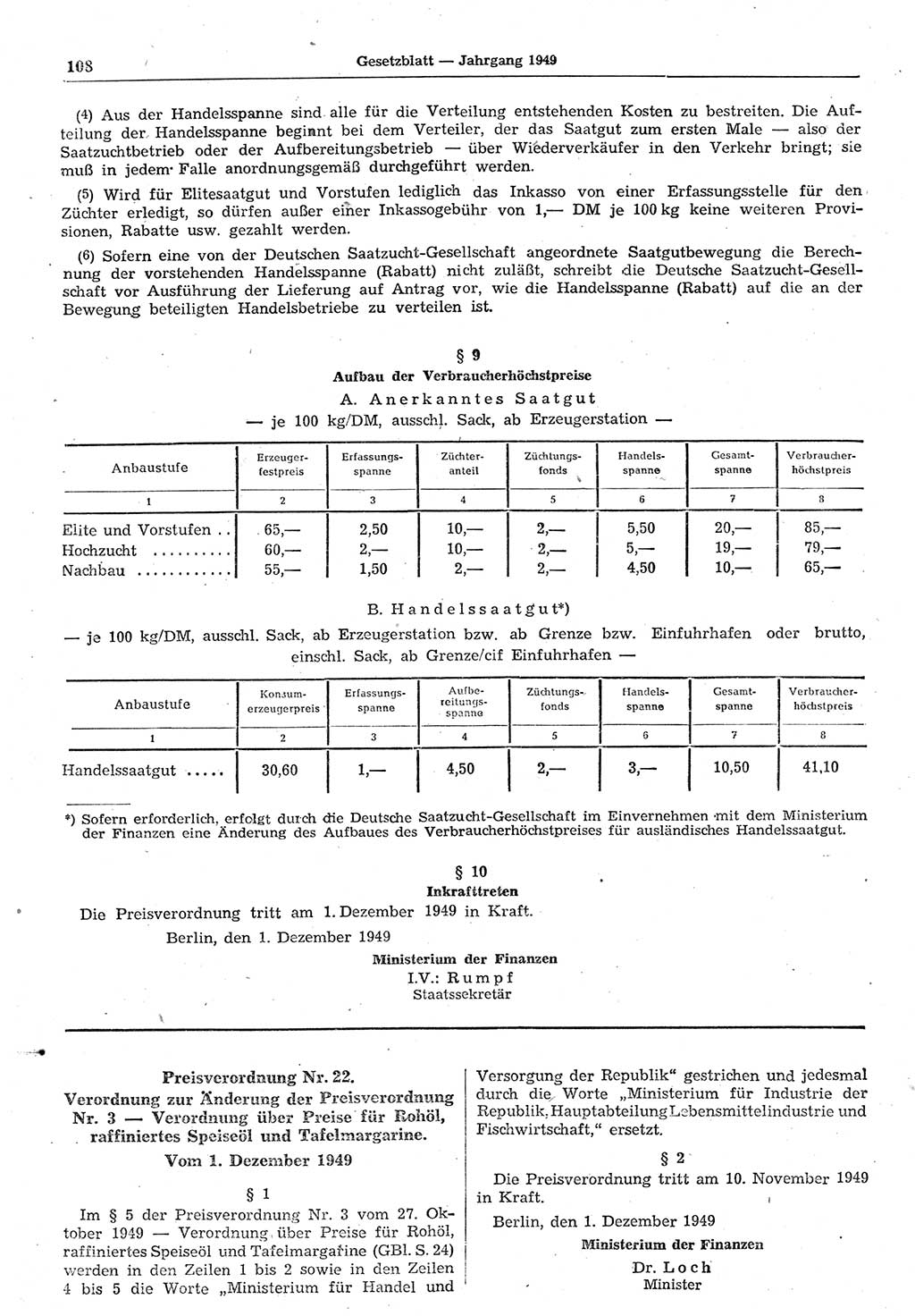 Gesetzblatt (GBl.) der Deutschen Demokratischen Republik (DDR) 1949, Seite 108 (GBl. DDR 1949, S. 108)