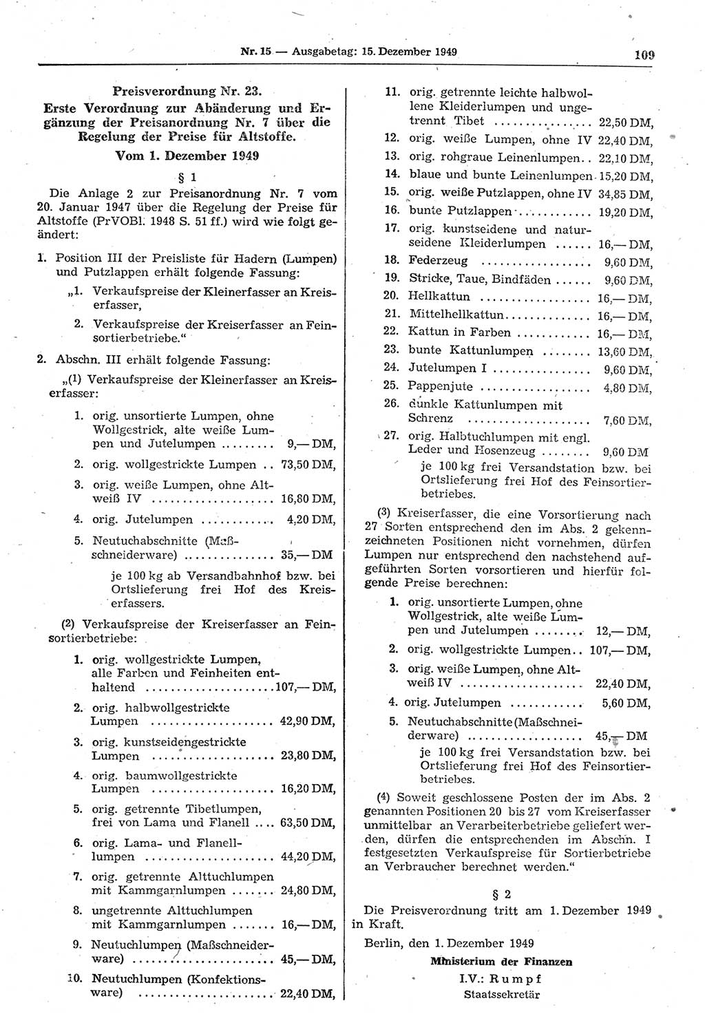 Gesetzblatt (GBl.) der Deutschen Demokratischen Republik (DDR) 1949, Seite 109 (GBl. DDR 1949, S. 109)