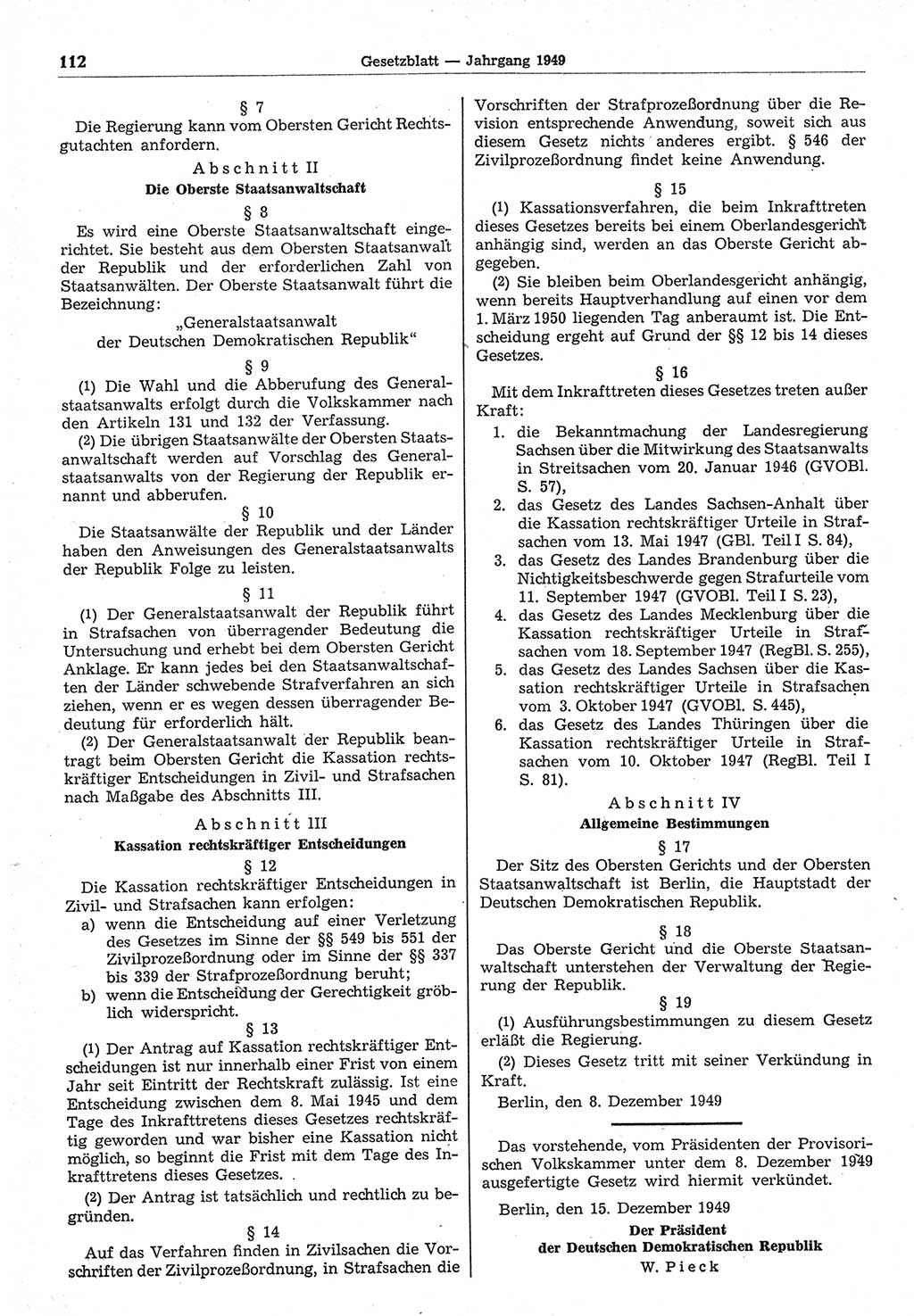 Gesetzblatt (GBl.) der Deutschen Demokratischen Republik (DDR) 1949, Seite 112 (GBl. DDR 1949, S. 112)